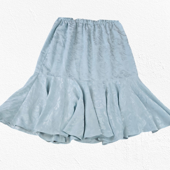 80s Vintage Light Blue Satin Floral Jacquard Lace Tunic Blouse Skirt Set Size 8 - Picture 14 of 14